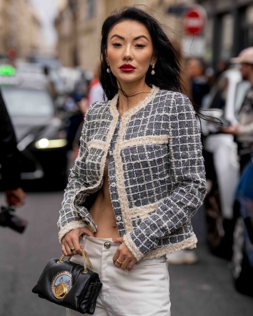 Jessica Wang Street Style after Giambattista Valli SS25 show during Paris Fashion Week