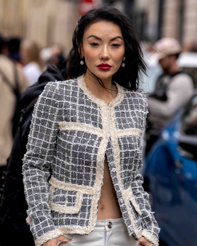 Jessica Wang Street Style after Giambattista Valli SS25 show during Paris Fashion Week