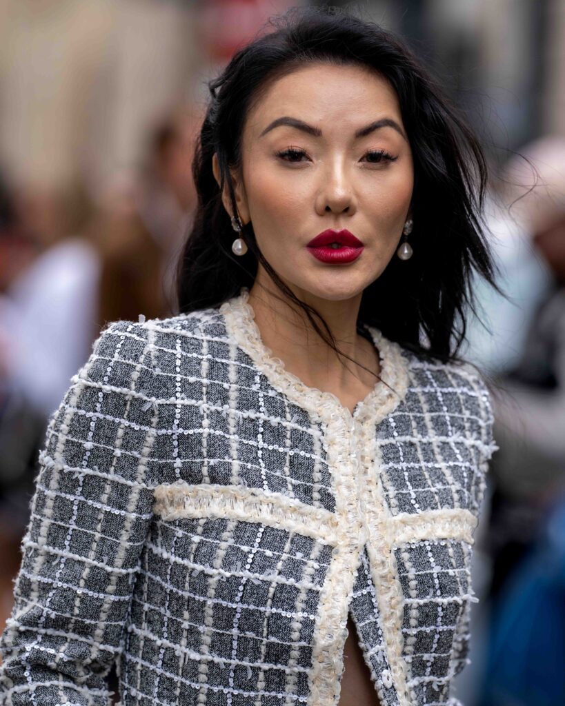 Jessica Wang Street Style after Giambattista Valli SS25 show during Paris Fashion Week