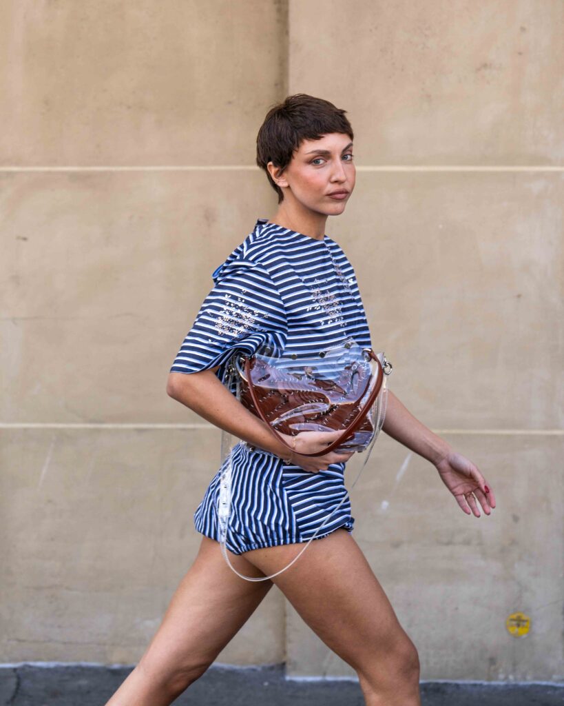 Carla Ginola street style at Rabanne FW25 show during Paris Fashion Week