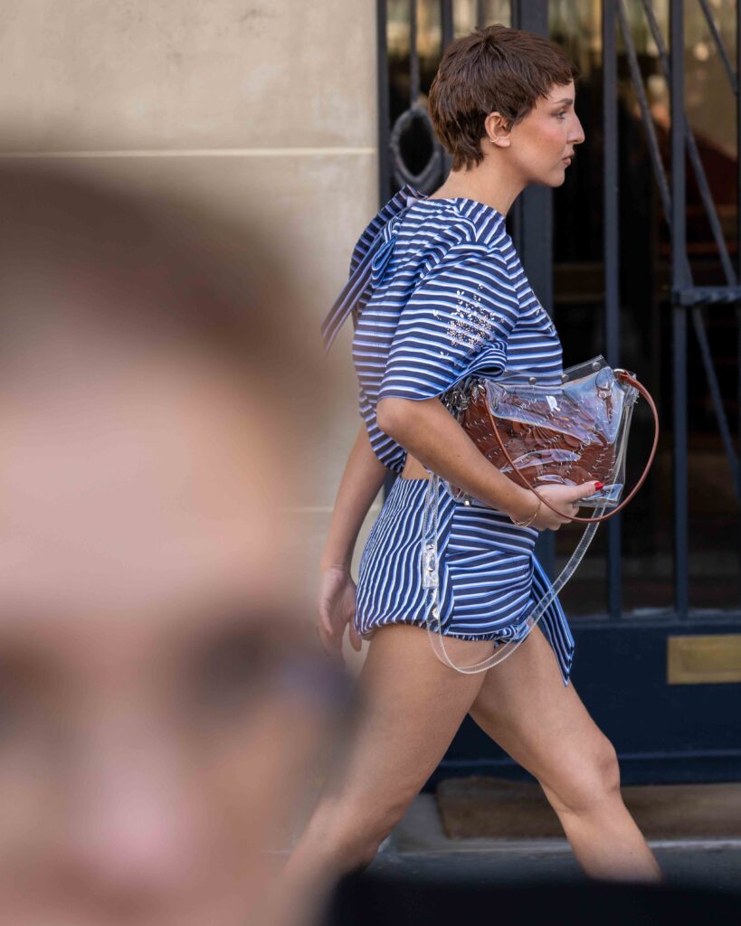 Carla Ginola street style at Rabanne FW25 show during Paris Fashion Week