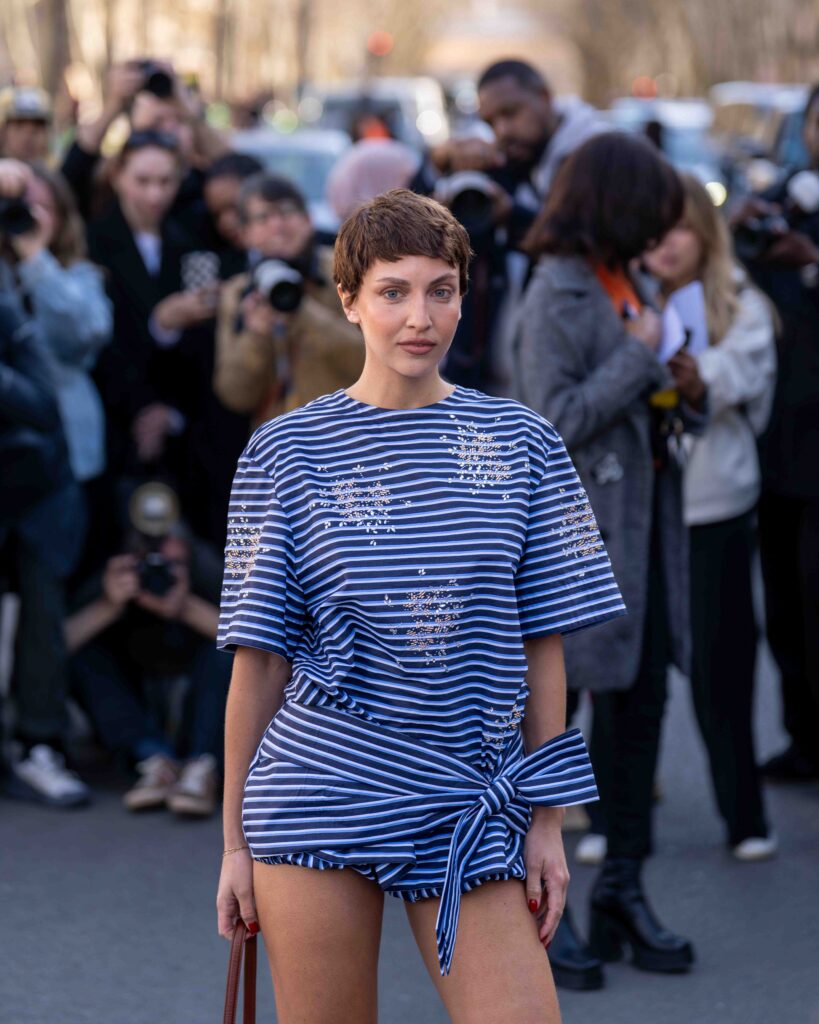 Carla Ginola street style at Rabanne FW25 show during Paris Fashion Week